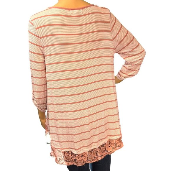 (6 for $25) Hippie Rose Long Sleeve Lace Trim Striped Top Size M - Picture 3 of 5